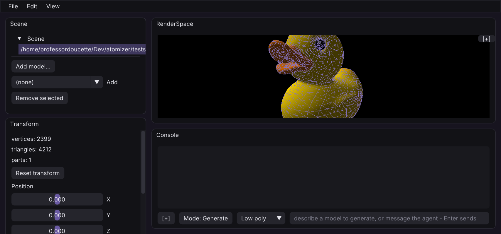 The godspeed engine: a glTF duck model open in the scene view, with the scene tree, transform panel, and console around the viewport