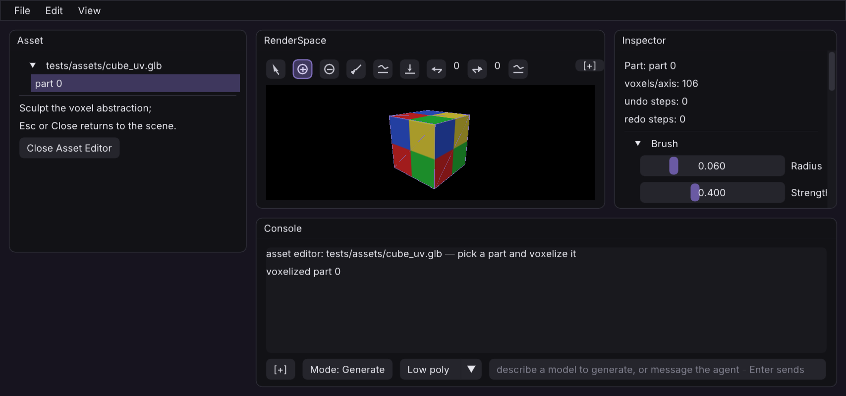 The godspeed asset editor: a voxelized glTF part ready for sculpting, with the brush toolbar above the viewport and the inspector showing voxel resolution, undo history, and brush radius and strength